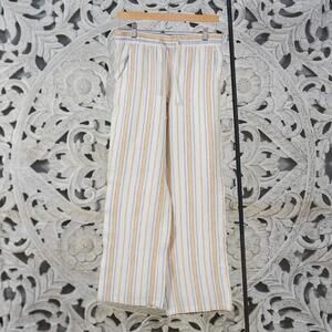 L.L.Bean White Blue Tan 100% Linen Pants Women’s 4 Wide Leg Striped Drawstring